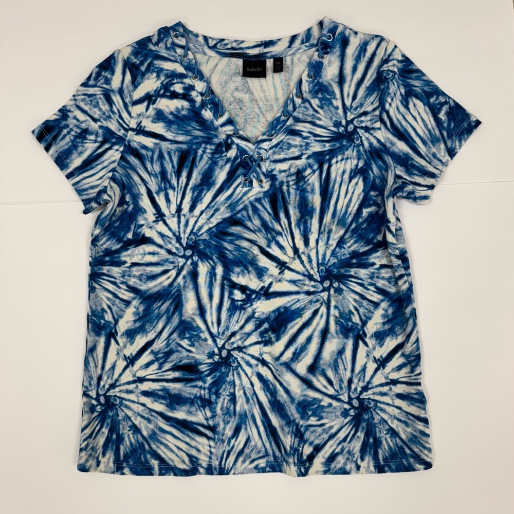 RAFAELLA Blue White Tie Dye Burst Womens Short Sleeve Tshirt womens size Large